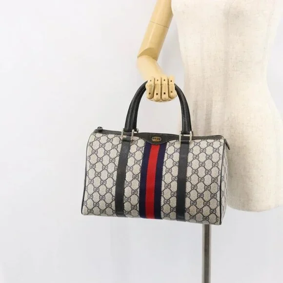 GUCCI GG Supreme Sherry Line Boston Bag PVC Navy Gold Red Auth 150128 - Picture 14 of 16